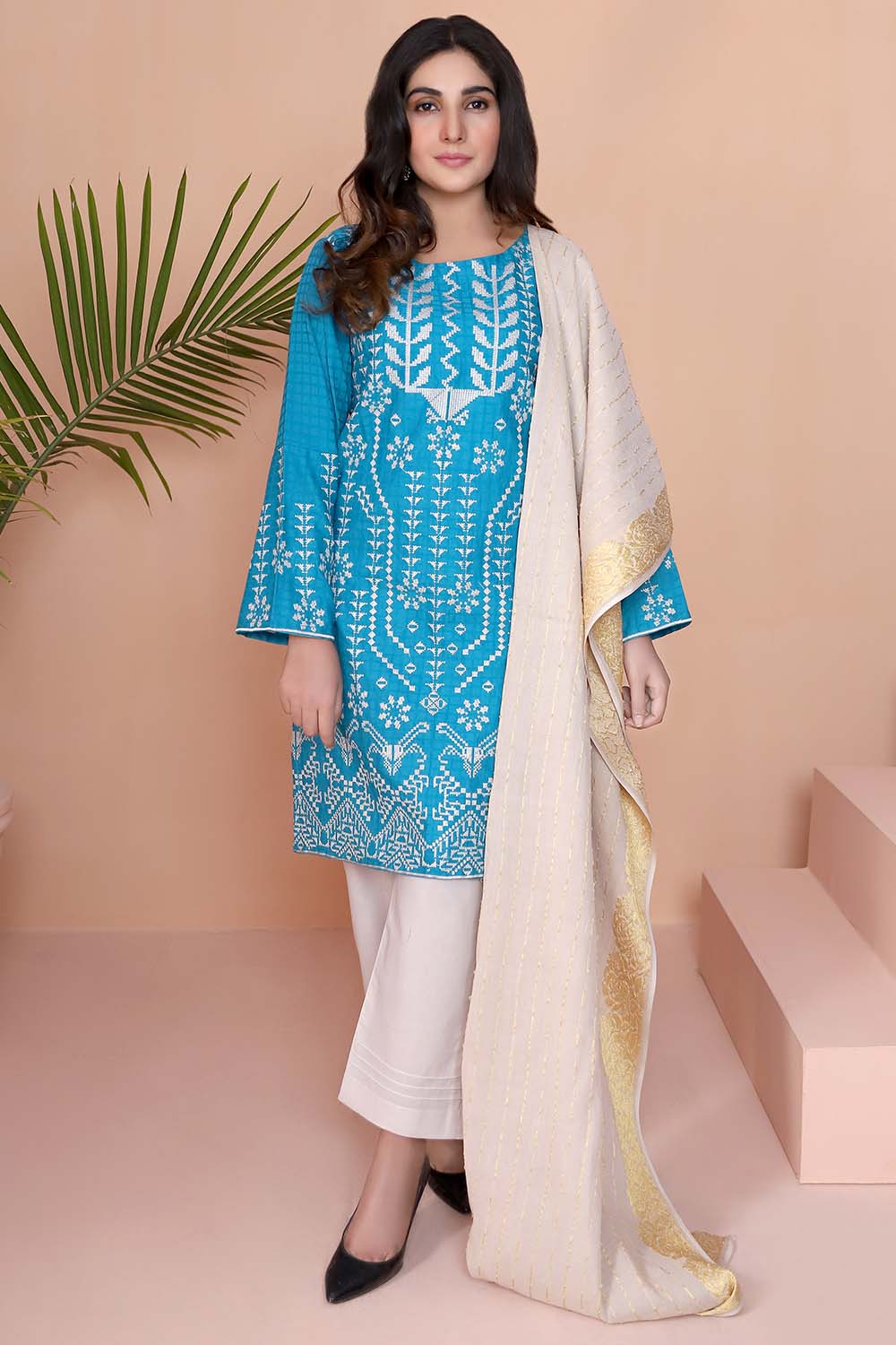 Oture 3PC Full Embroidered Dyed Self Jacquard Colour