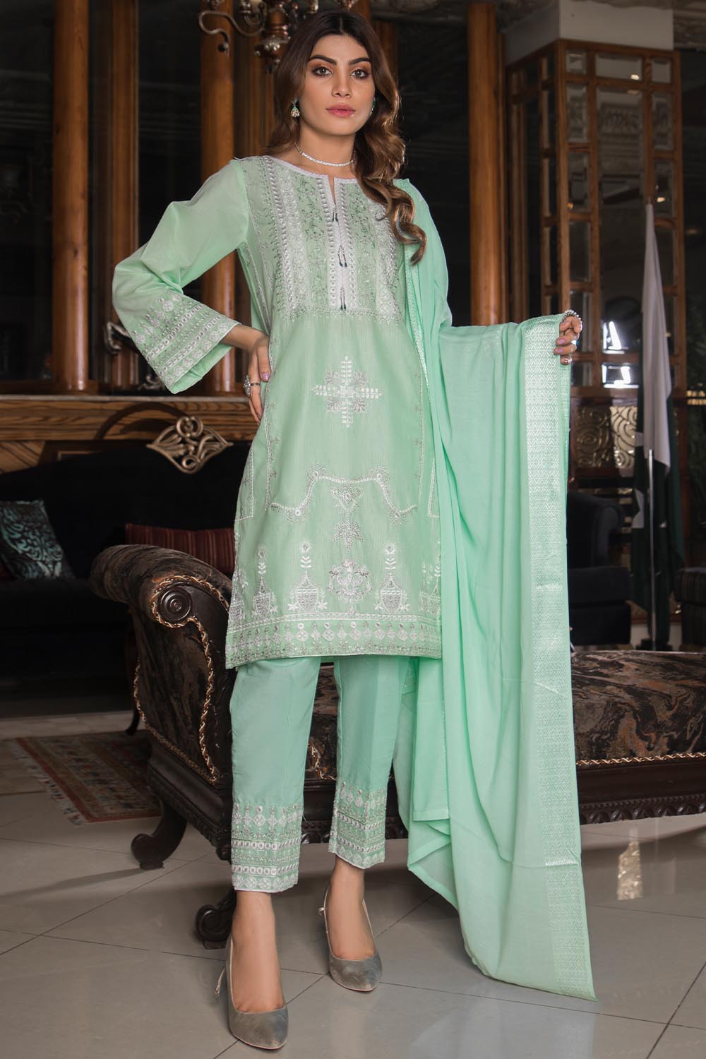 Sea Green Oture 3PC Stitched Embroidered Jacquard Dyed Lawn Shirt, Jacquard Dupata, Trouser