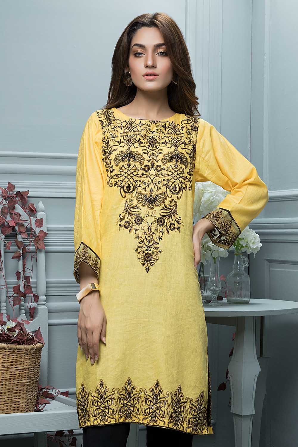 Oture 1PC Embroidered Self Jaquard Yellow