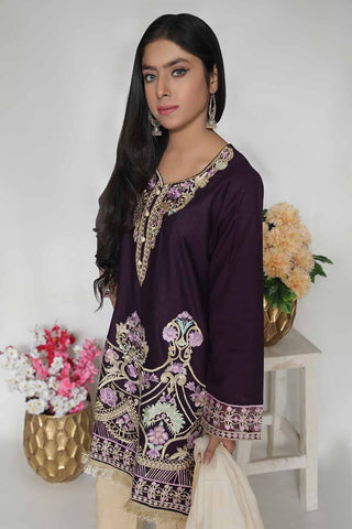 Oture 2PC Stitched Self Jacquard Embroidered Shirt with Purple