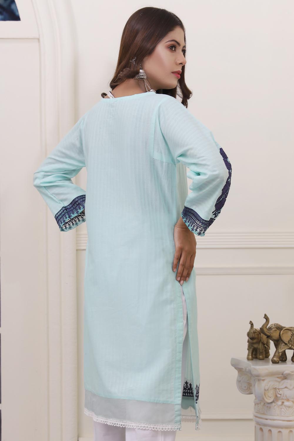 Oture 1PC Stitched Embroidered Self Jacquard Shirt With Lace Light Aqua
