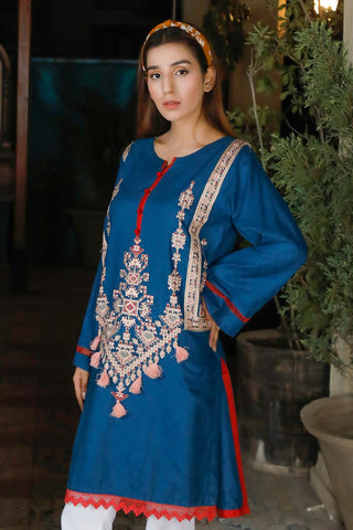 Oture 1PC Stitched Embroidered Self Jacquard Shirt With Lace Blue