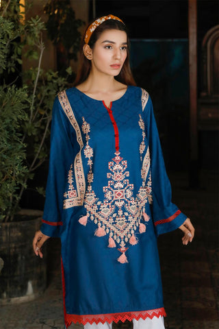 Oture 1PC Stitched Embroidered Self Jacquard Shirt With Lace Blue